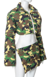 Camouflage Fashion Camouflage Print Patchwork Turndown Collar Long Sleeve Two Pieces