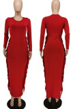 Red Sexy Solid Tassel Patchwork O Neck One Step Skirt Dresses