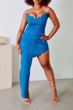 Baby Blue Sexy Solid Patchwork Strapless Irregular Dress Dresses