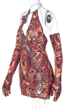 Burgundy Sexy Print Patchwork Halter Pencil Skirt Dresses