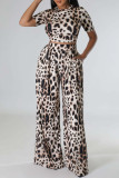 Leopard Print Sexy Print Leopard Bandage Patchwork O Neck Short Sleeve Two Pieces