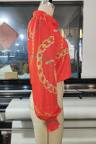 Tangerine Red Casual Print Patchwork Buckle Turndown Collar Tops