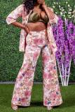 Pink Casual Print Patchwork Turn-back Collar Long Sleeve Two Pieces