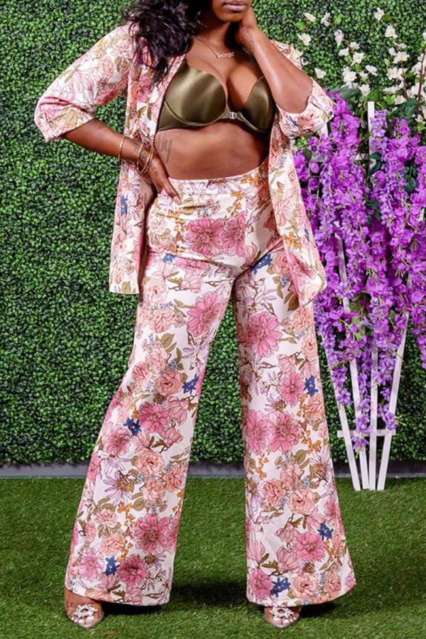 Pink Casual Print Patchwork Turn-back Collar Long Sleeve Two Pieces