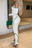 White Sexy Solid Hollowed Out Halter Long Sleeve Two Pieces