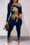 Tibetan Blue Fashion Casual Print Patchwork Slit Oblique Collar Long Sleeve Two Pieces