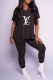 Black Fashion Sweet Print Slit Letter V Neck Short Sleeve Two Pieces