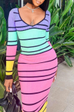 Colour Sexy Striped Backless V Neck Pencil Skirt Dresses