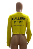 Yellow Fashion Print Letter O Neck Tops