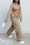 Khaki Sexy Solid Bandage Patchwork Turndown Collar Long Sleeve Two Pieces