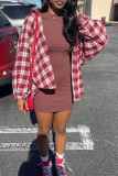 Red Casual Plaid Patchwork Turndown Collar Tops