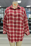 Red Casual Plaid Patchwork Turndown Collar Tops