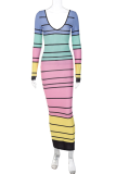 Colour Sexy Striped Backless V Neck Pencil Skirt Dresses