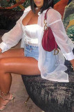 White Fashion Casual Solid See-through Cardigan Turndown Collar Outerwear