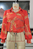 Tangerine Red Casual Print Patchwork Buckle Turndown Collar Tops