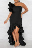 Colorful Blue Elegant Solid Patchwork Flounce Asymmetrical Oblique Collar Trumpet Mermaid Dresses