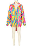 Blue Fashion Casual Print Patchwork Buckle Turndown Collar Tops