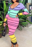 Colour Sexy Striped Backless V Neck Pencil Skirt Dresses
