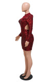 Burgundy Fashion Sexy Patchwork Sequins See-through Backless Half A Turtleneck Long Sleeve Dresses