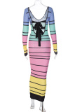 Colour Sexy Striped Backless V Neck Pencil Skirt Dresses