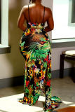 Green Sexy Print High Opening Spaghetti Strap Trumpet Mermaid Dresses