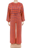 Blue Casual Plaid Print Patchwork O Neck Straight Jumpsuits