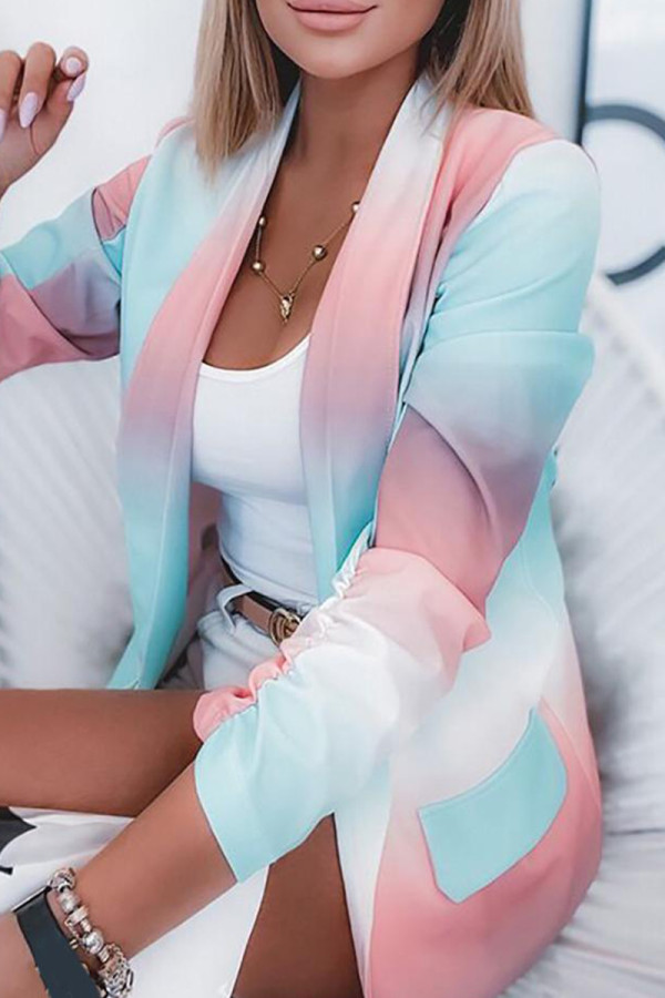 Pink Fashion Casual Gradual Change Print Cardigan Turn-back Collar Outerwear