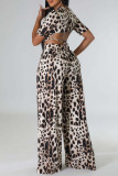 Leopard Print Sexy Print Leopard Bandage Patchwork O Neck Short Sleeve Two Pieces