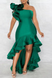Colorful Blue Elegant Solid Patchwork Flounce Asymmetrical Oblique Collar Trumpet Mermaid Dresses