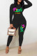 Black Casual Print Patchwork O Neck Long Sleeve Two Pieces