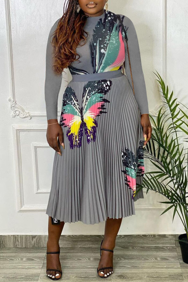 Grey Sexy Print Patchwork Fold Half A Turtleneck Long Sleeve Two Pieces