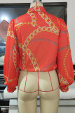 Tangerine Red Casual Print Patchwork Buckle Turndown Collar Tops