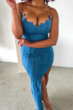 Baby Blue Sexy Solid Patchwork Strapless Irregular Dress Dresses