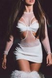 White Sexy Solid Mesh O Neck Pencil Skirt Dresses