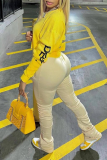 Yellow Fashion Print Letter O Neck Tops