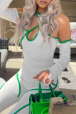 White Sexy Solid Hollowed Out Halter Long Sleeve Two Pieces