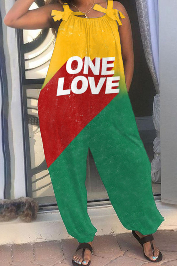 Red Green Casual Print Patchwork Spaghetti Strap Loose Jumpsuits