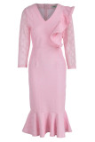 Pink Elegant Solid Patchwork Flounce V Neck Trumpet Mermaid Dresses