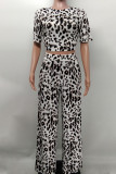 Leopard Print Sexy Print Leopard Bandage Patchwork O Neck Short Sleeve Two Pieces