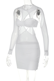 White Sexy Solid Mesh O Neck Pencil Skirt Dresses