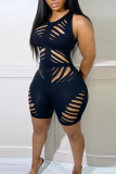 Black Sexy Solid Hollowed Out U Neck Skinny Rompers