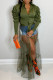 Army Green Casual Solid Bandage Patchwork Buckle Turndown Collar Tops