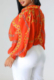 Tangerine Red Casual Print Patchwork Buckle Turndown Collar Tops