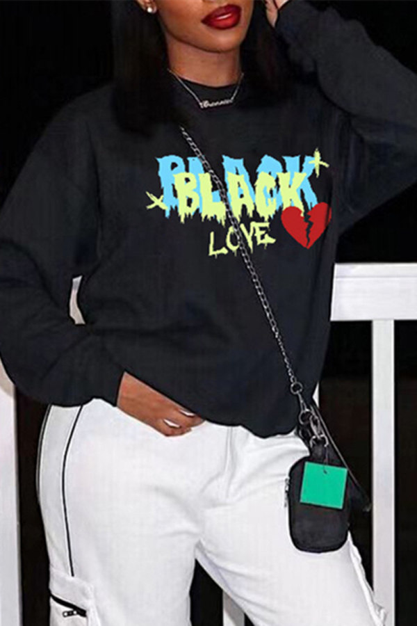 Black Fashion Casual Letter Print Basic O Neck Tops