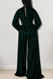 Blue Casual Plaid Print Patchwork O Neck Straight Jumpsuits