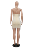 Apricot Sexy Patchwork Tassel Hot Drill Spaghetti Strap Pencil Skirt Dresses