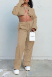 Khaki Sexy Solid Bandage Patchwork Turndown Collar Long Sleeve Two Pieces