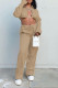 Khaki Sexy Solid Bandage Patchwork Turndown Collar Long Sleeve Two Pieces