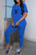 Blue Fashion Sweet Print Slit Letter V Neck Short Sleeve Two Pieces