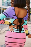 Colour Sexy Striped Backless V Neck Pencil Skirt Dresses
